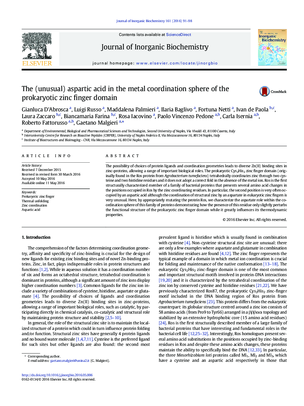 The (unusual) aspartic acid in the metal coordination sphere of the prokaryotic zinc finger domain