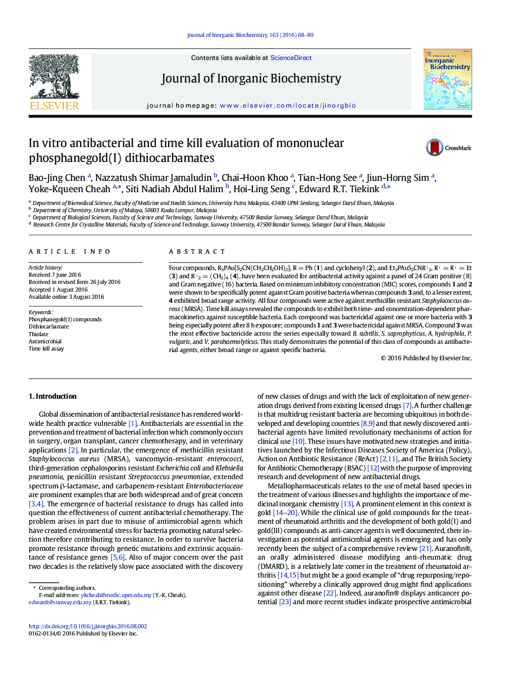 In vitro antibacterial and time kill evaluation of mononuclear phosphanegold(I) dithiocarbamates