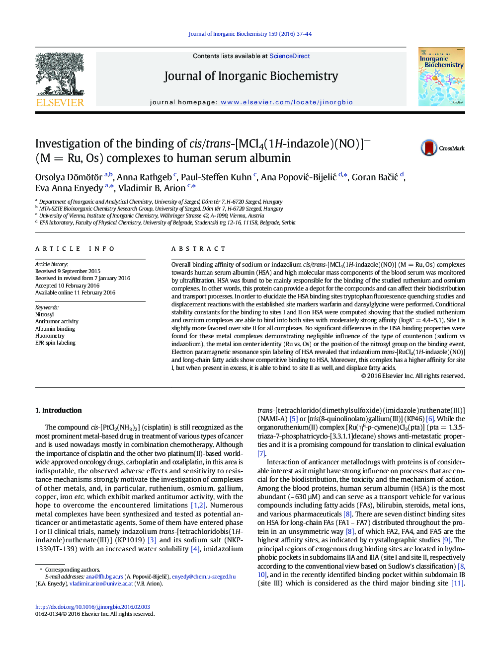 Investigation of the binding of cis/trans-[MCl4(1H-indazole)(NO)]− (M = Ru, Os) complexes to human serum albumin