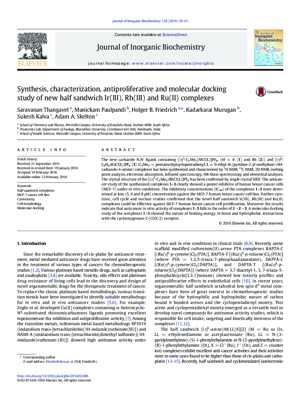 Synthesis, characterization, antiproliferative and molecular docking study of new half sandwich Ir(III), Rh(III) and Ru(II) complexes