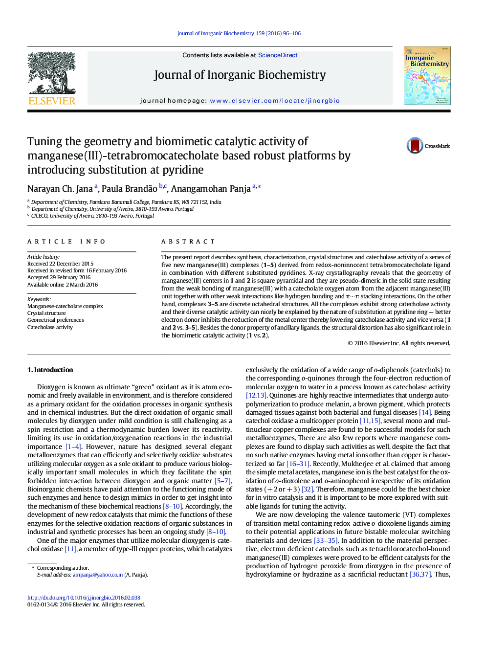 Tuning the geometry and biomimetic catalytic activity of manganese(III)-tetrabromocatecholate based robust platforms by introducing substitution at pyridine