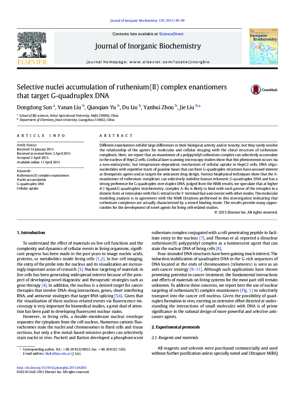 Selective nuclei accumulation of ruthenium(II) complex enantiomers that target G-quadruplex DNA