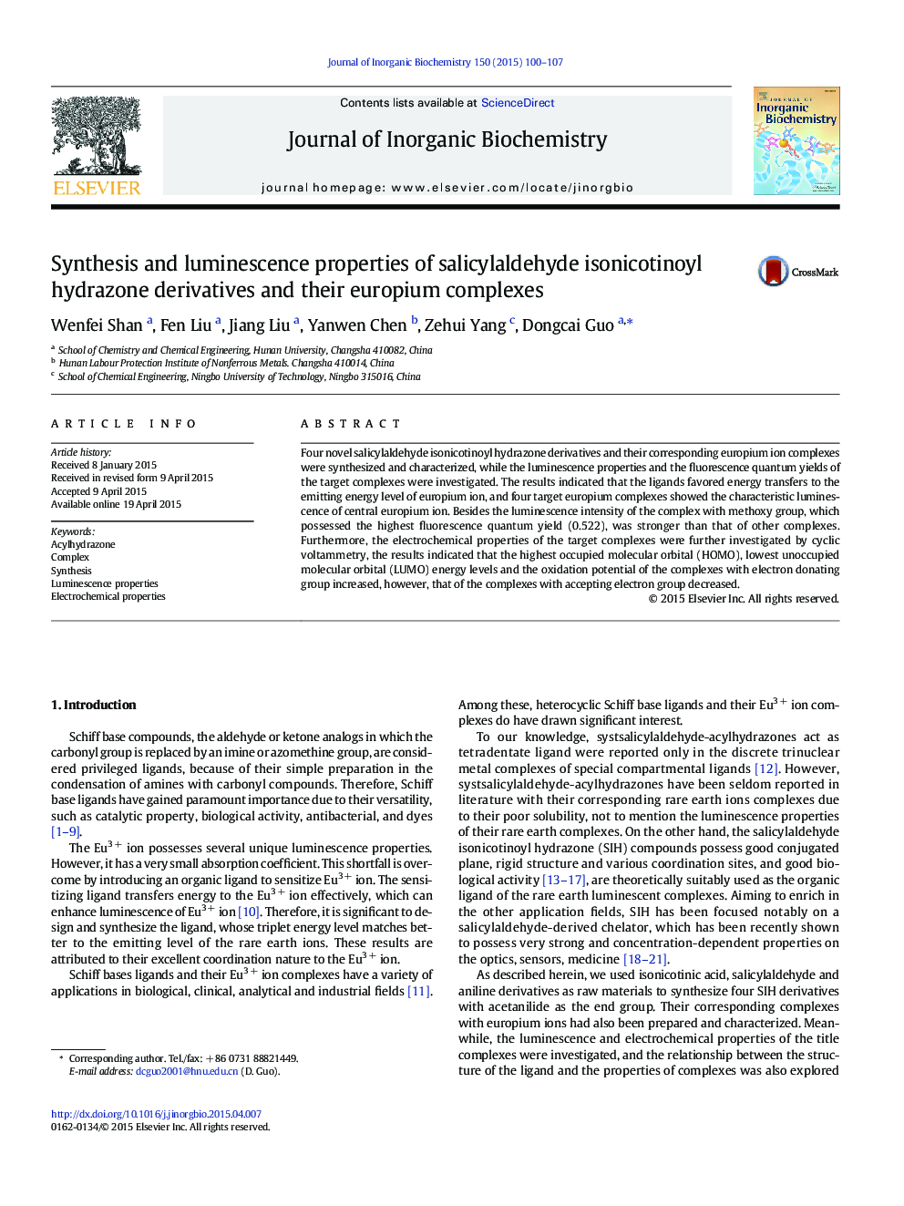 Synthesis and luminescence properties of salicylaldehyde isonicotinoyl hydrazone derivatives and their europium complexes