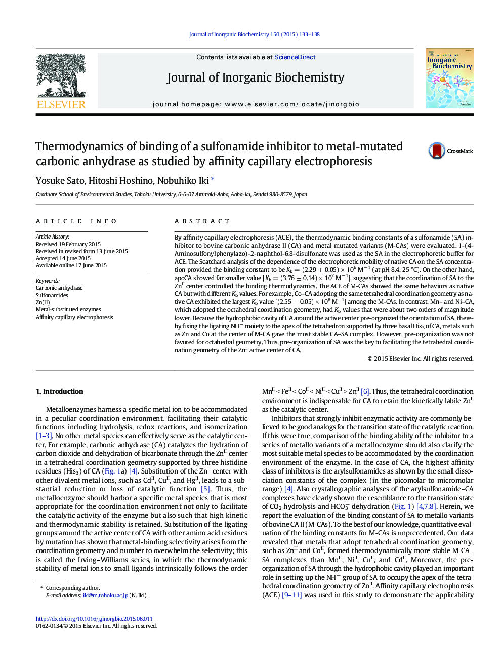 Thermodynamics of binding of a sulfonamide inhibitor to metal-mutated carbonic anhydrase as studied by affinity capillary electrophoresis