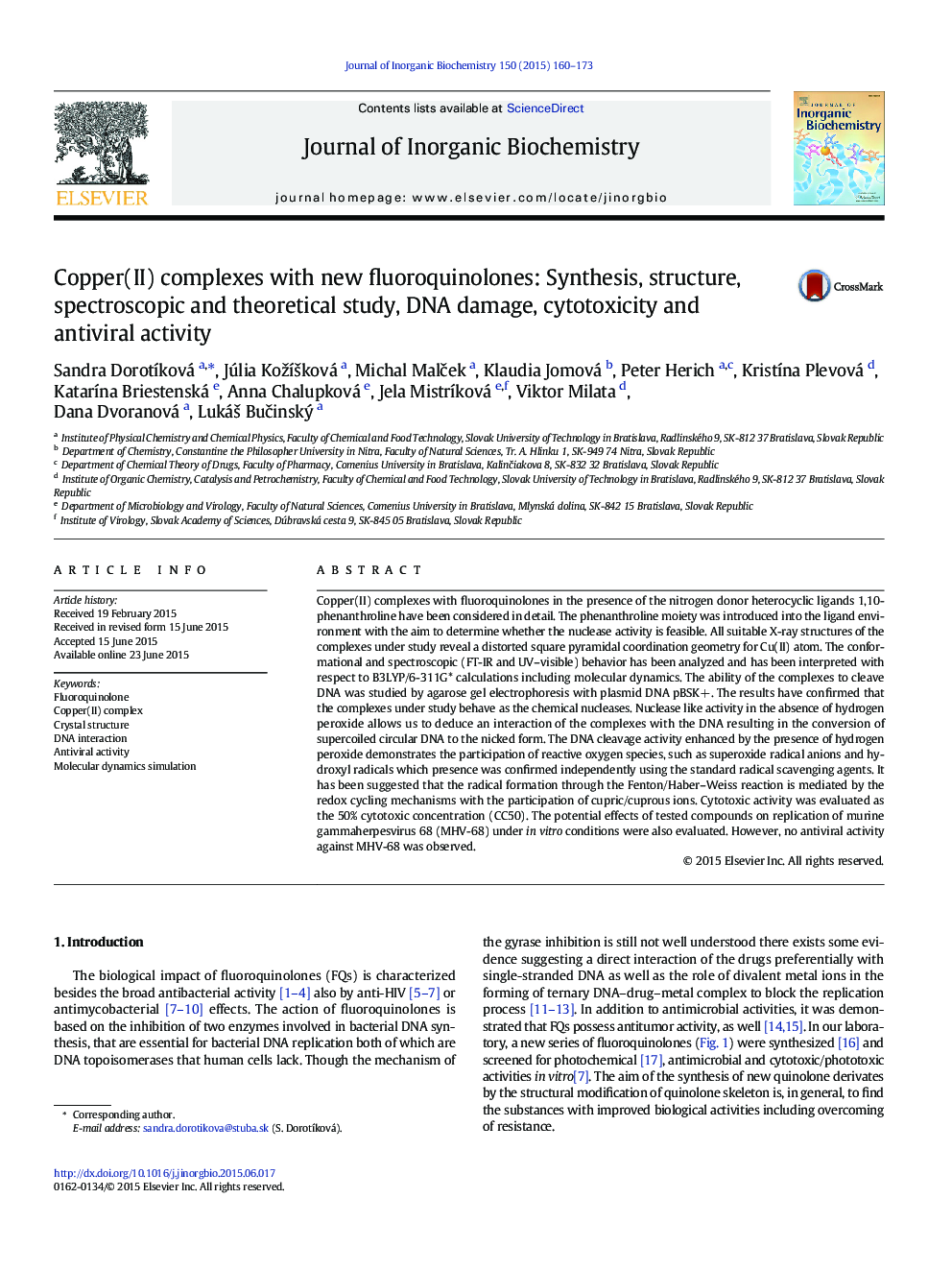 Copper(II) complexes with new fluoroquinolones: Synthesis, structure, spectroscopic and theoretical study, DNA damage, cytotoxicity and antiviral activity