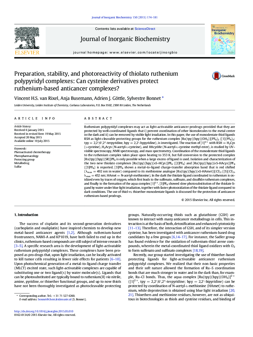 Preparation, stability, and photoreactivity of thiolato ruthenium polypyridyl complexes: Can cysteine derivatives protect ruthenium-based anticancer complexes?