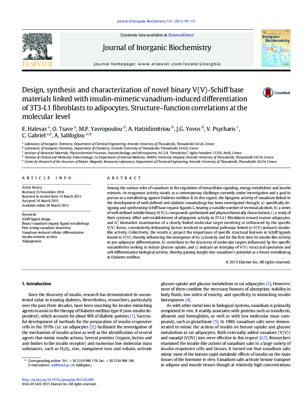 Design, synthesis and characterization of novel binary V(V)-Schiff base materials linked with insulin-mimetic vanadium-induced differentiation of 3T3-L1 fibroblasts to adipocytes. Structure–function correlations at the molecular level