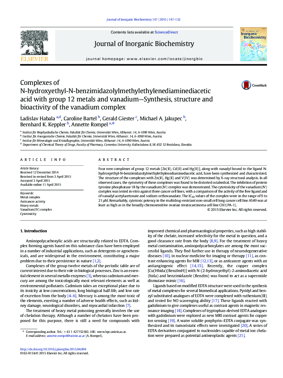 Complexes of N-hydroxyethyl-N-benzimidazolylmethylethylenediaminediacetic acid with group 12 metals and vanadium—Synthesis, structure and bioactivity of the vanadium complex