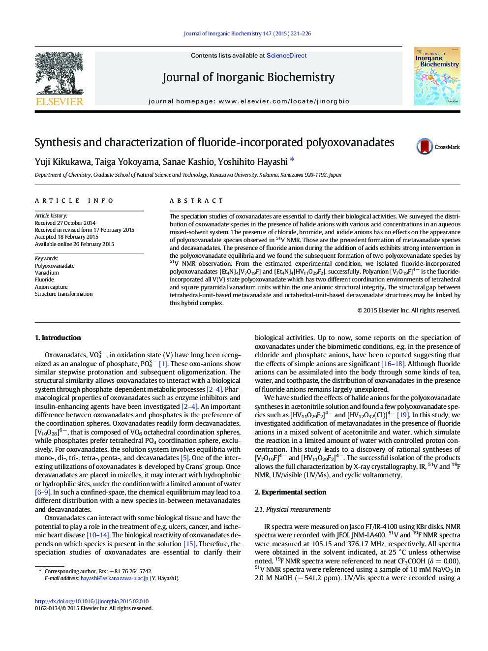 Synthesis and characterization of fluoride-incorporated polyoxovanadates