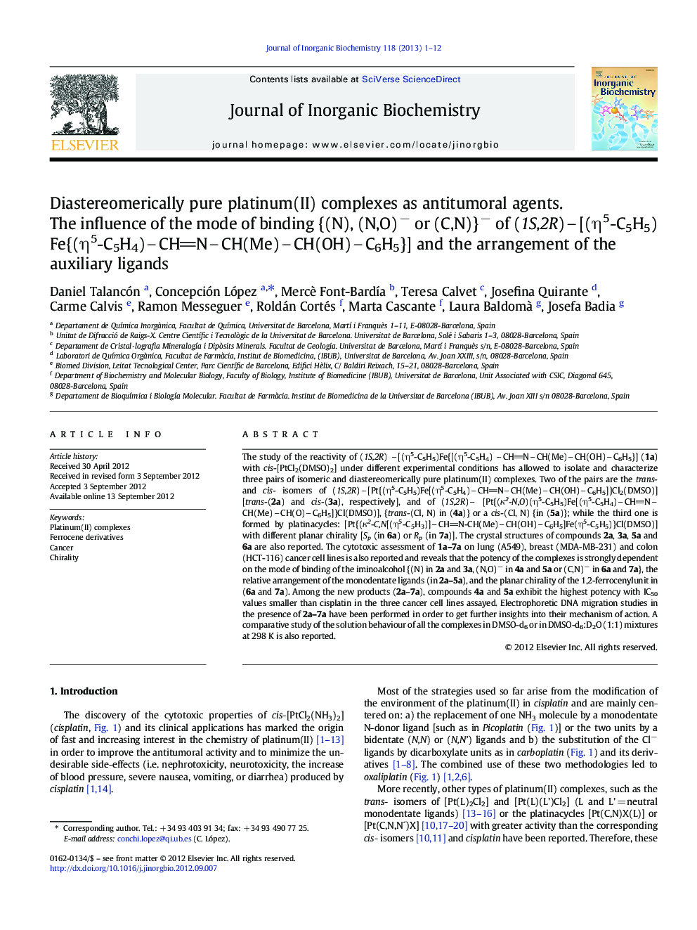 Diastereomerically pure platinum(II) complexes as antitumoral agents.: The influence of the mode of binding {(N), (N,O)− or (C,N)}− of (1S,2R)[(η5-C5H5)Fe{(η5-C5H4)CHNCH(Me)CH(OH)C6H5}] and the arrangement of the auxiliary ligands