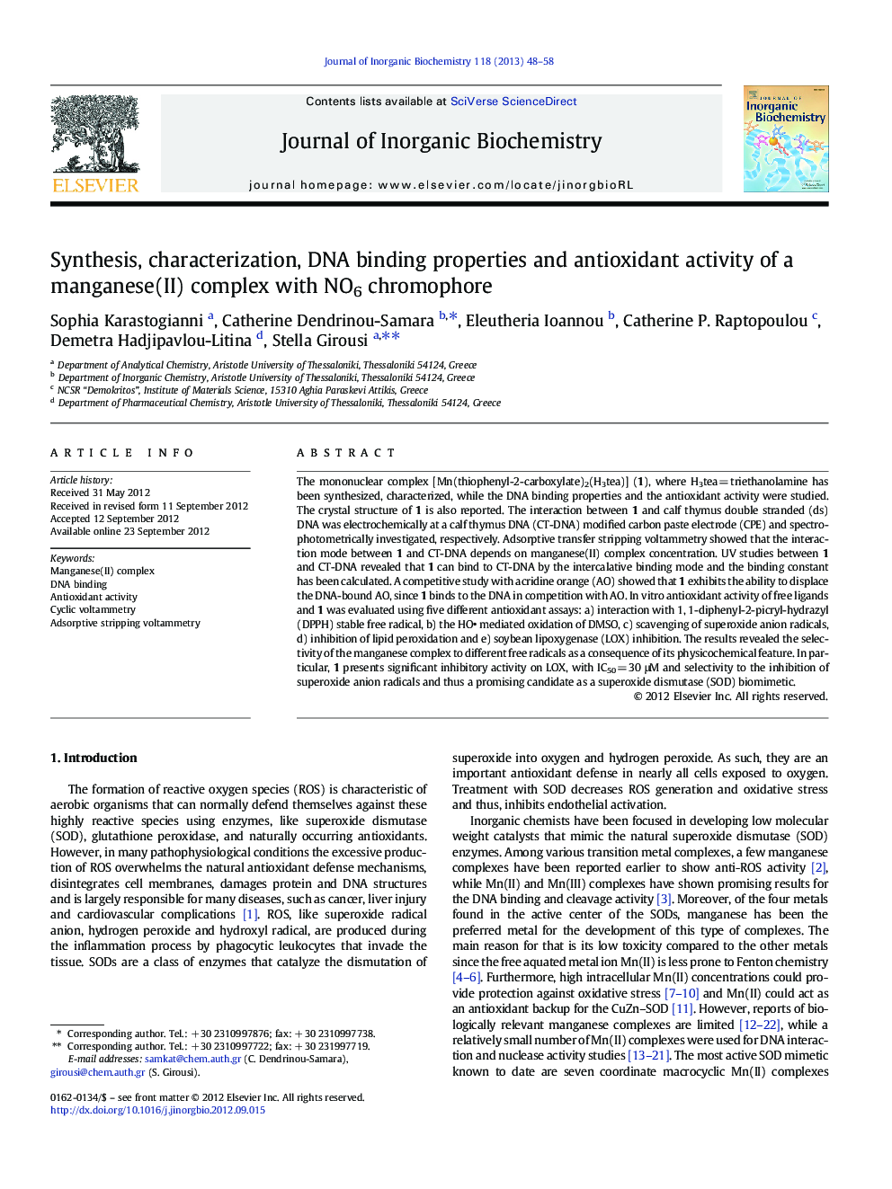 Synthesis, characterization, DNA binding properties and antioxidant activity of a manganese(II) complex with NO6 chromophore