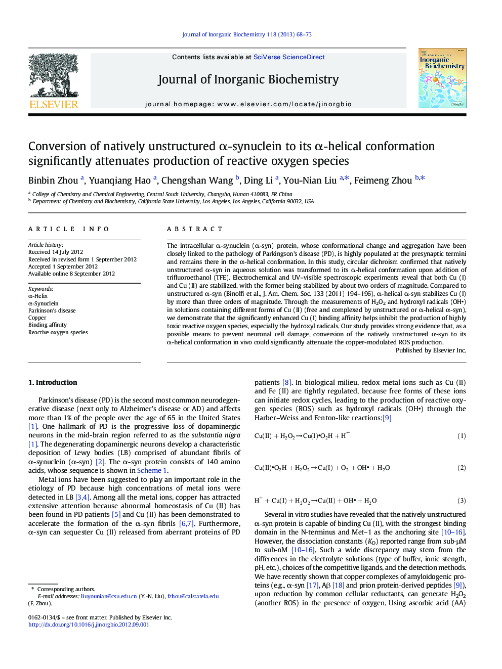 Conversion of natively unstructured α-synuclein to its α-helical conformation significantly attenuates production of reactive oxygen species