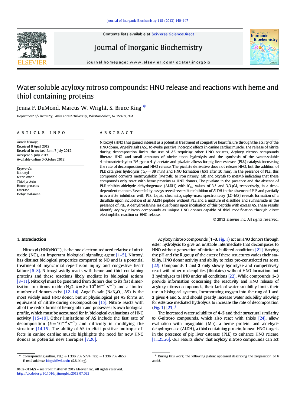 Water soluble acyloxy nitroso compounds: HNO release and reactions with heme and thiol containing proteins