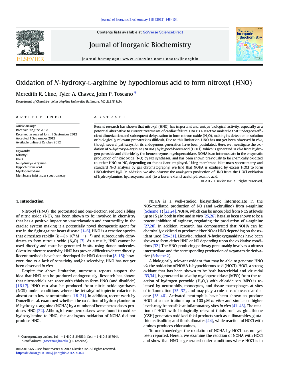 Oxidation of N-hydroxy-l-arginine by hypochlorous acid to form nitroxyl (HNO)