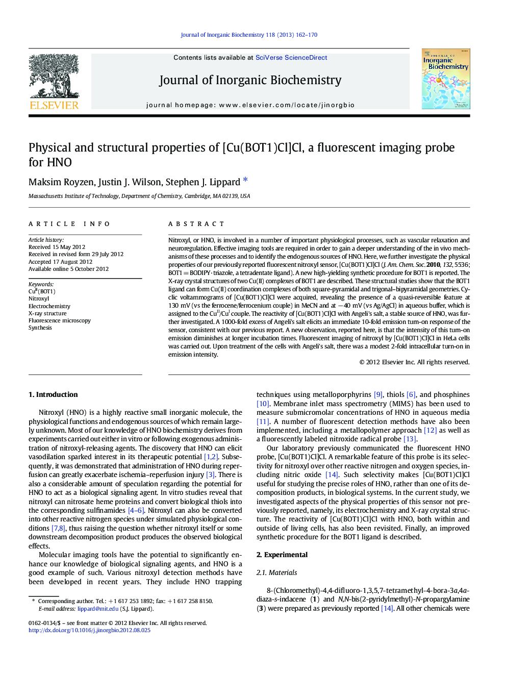 Physical and structural properties of [Cu(BOT1)Cl]Cl, a fluorescent imaging probe for HNO