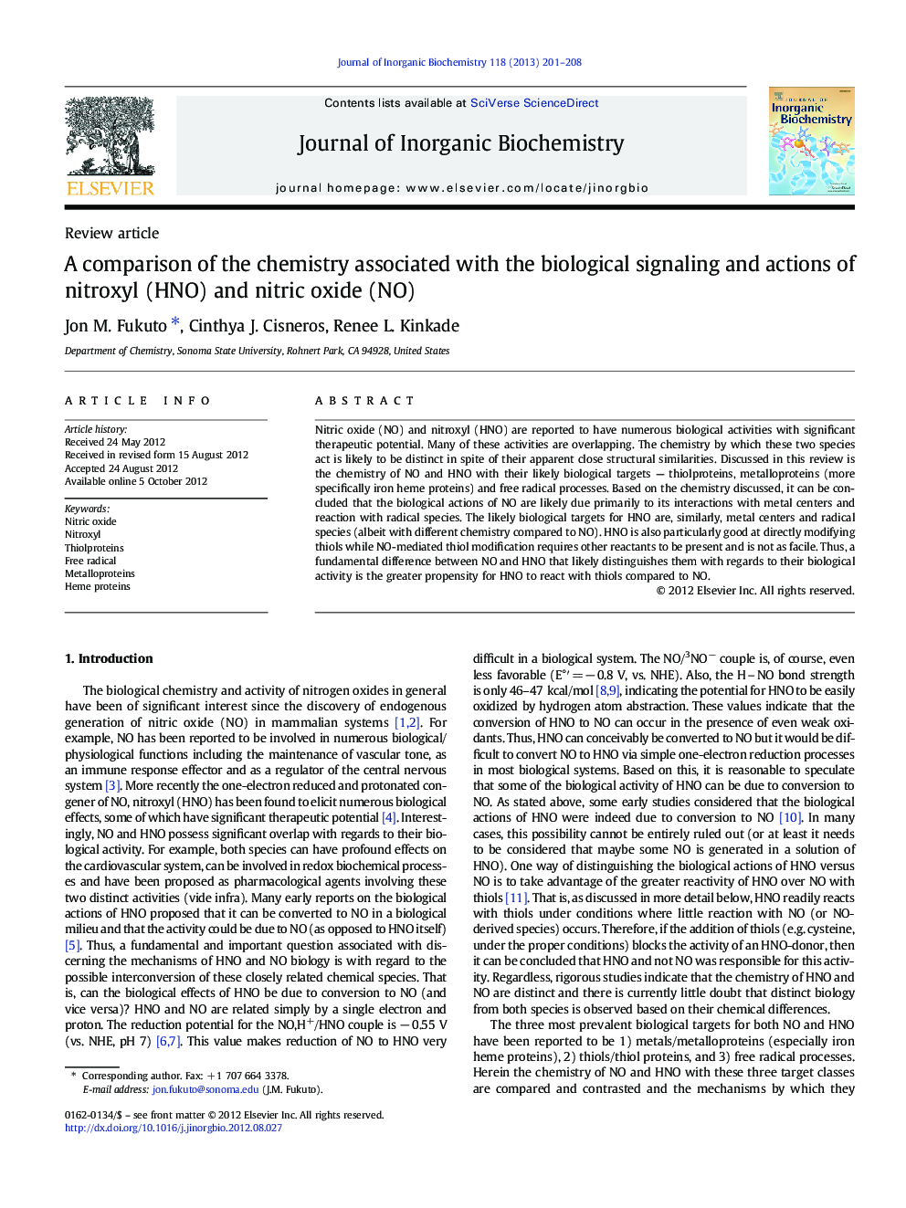 A comparison of the chemistry associated with the biological signaling and actions of nitroxyl (HNO) and nitric oxide (NO)