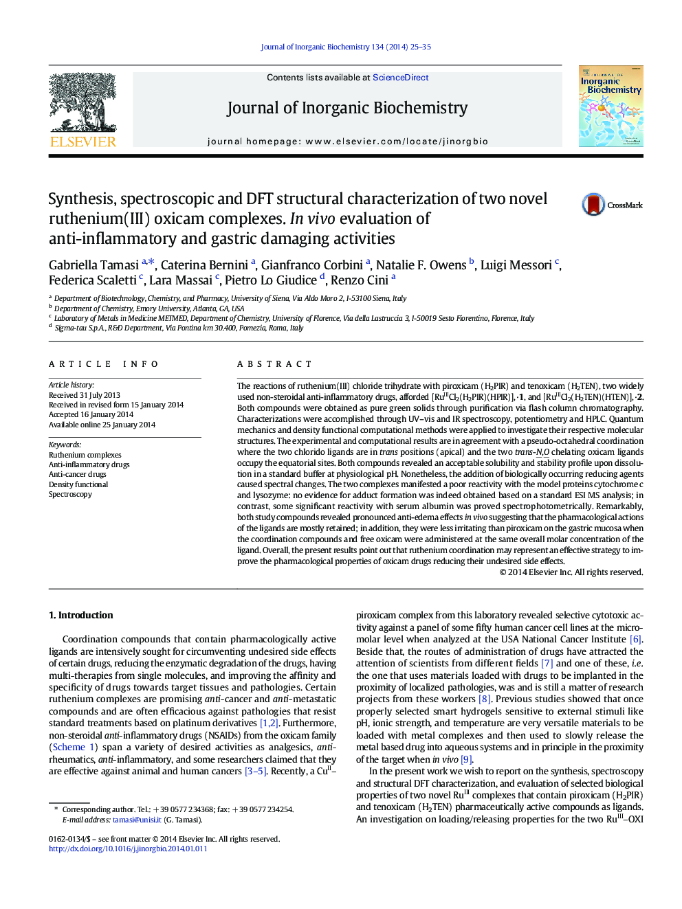 Synthesis, spectroscopic and DFT structural characterization of two novel ruthenium(III) oxicam complexes. In vivo evaluation of anti-inflammatory and gastric damaging activities