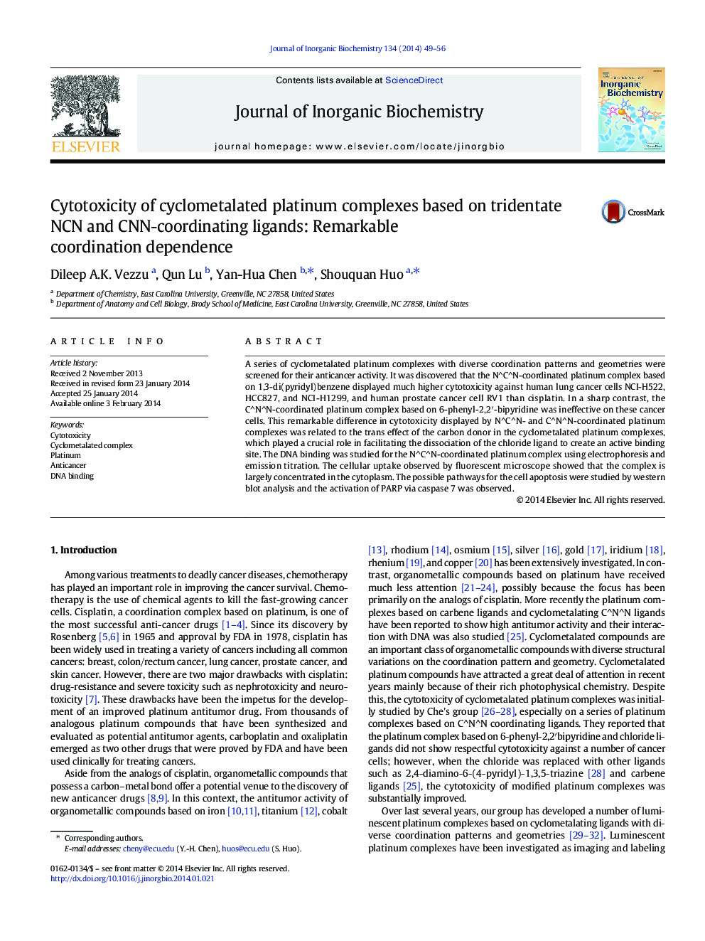 Cytotoxicity of cyclometalated platinum complexes based on tridentate NCN and CNN-coordinating ligands: Remarkable coordination dependence