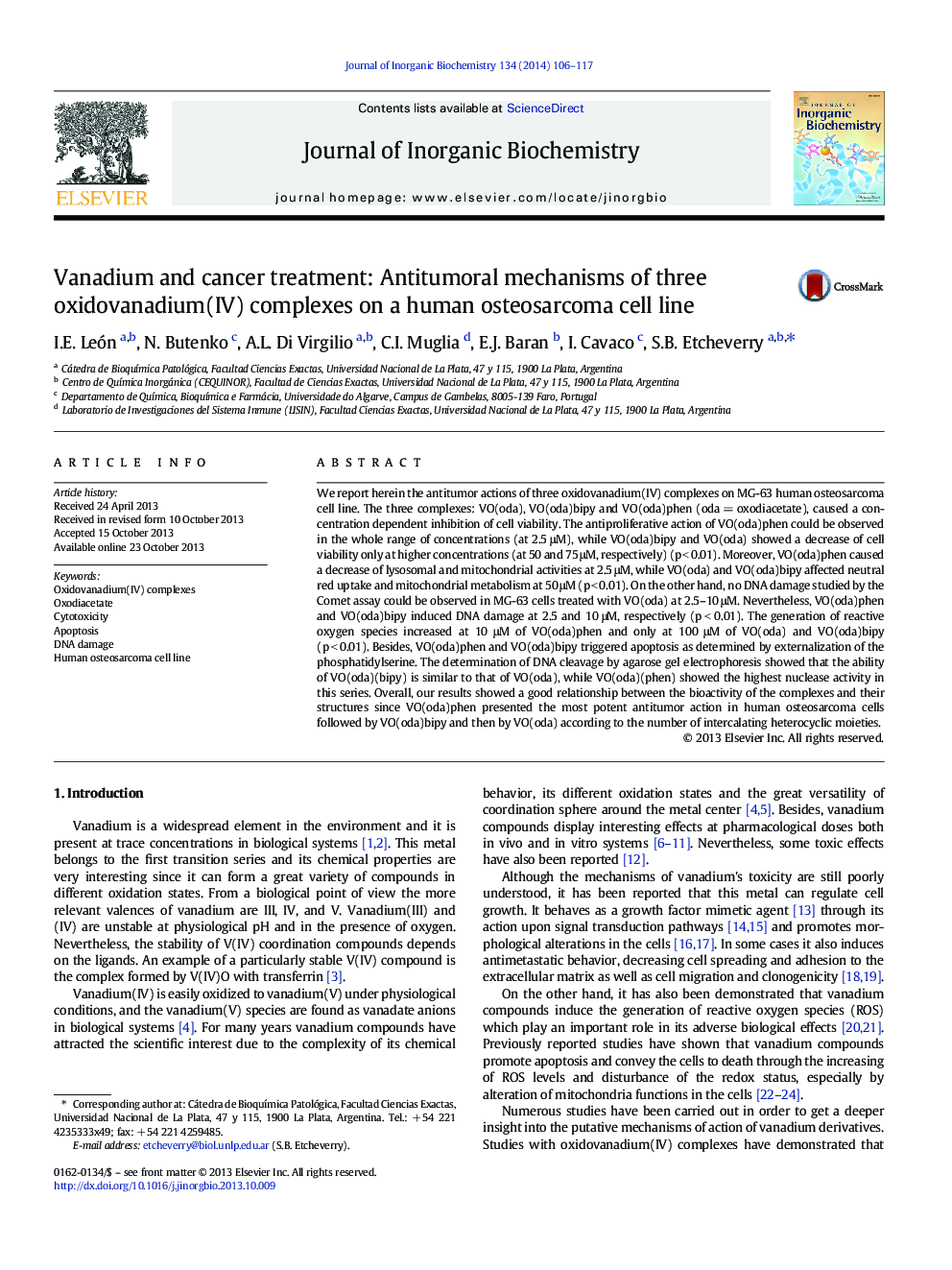 Vanadium and cancer treatment: Antitumoral mechanisms of three oxidovanadium(IV) complexes on a human osteosarcoma cell line