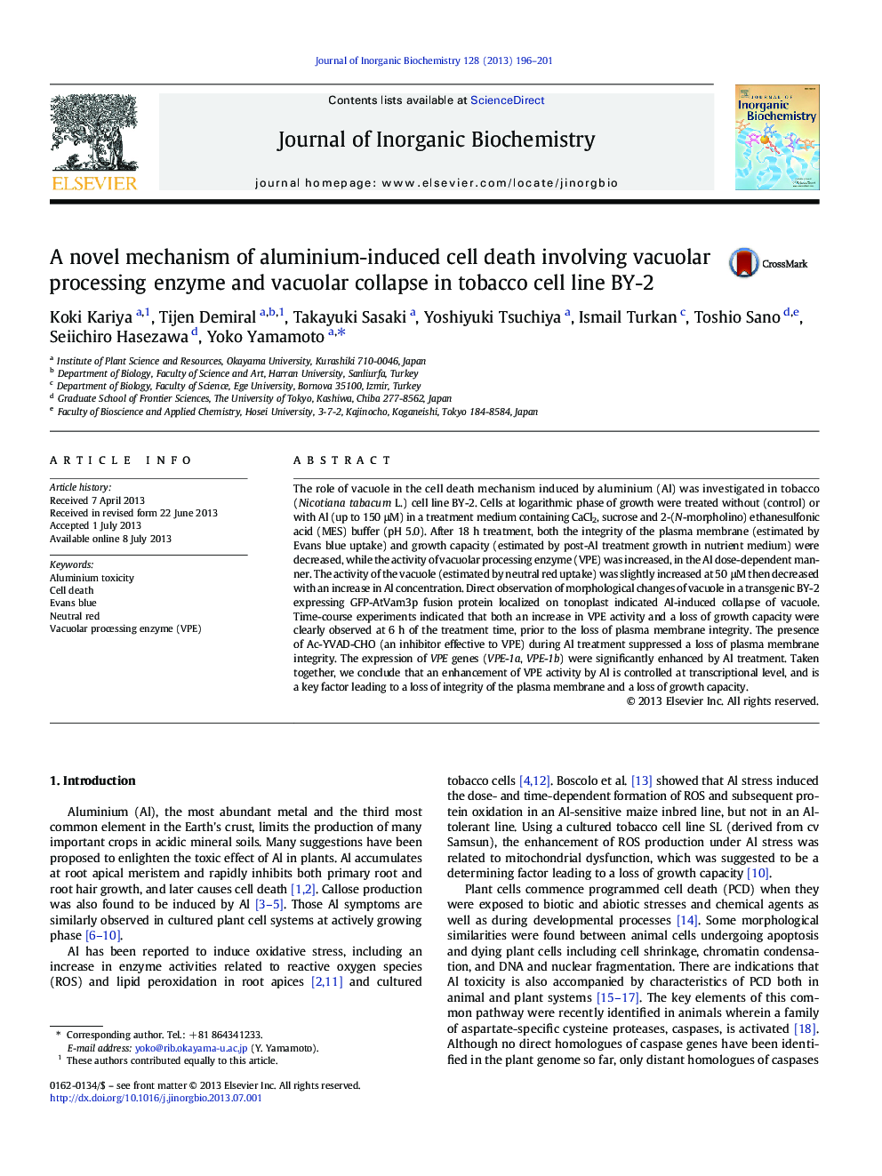 A novel mechanism of aluminium-induced cell death involving vacuolar processing enzyme and vacuolar collapse in tobacco cell line BY-2