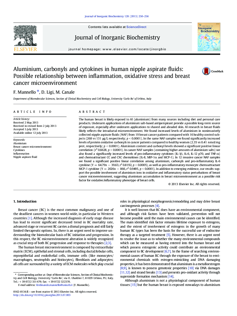 Aluminium, carbonyls and cytokines in human nipple aspirate fluids: Possible relationship between inflammation, oxidative stress and breast cancer microenvironment