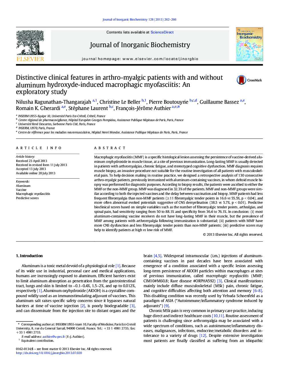 Distinctive clinical features in arthro-myalgic patients with and without aluminum hydroxyde-induced macrophagic myofasciitis: An exploratory study