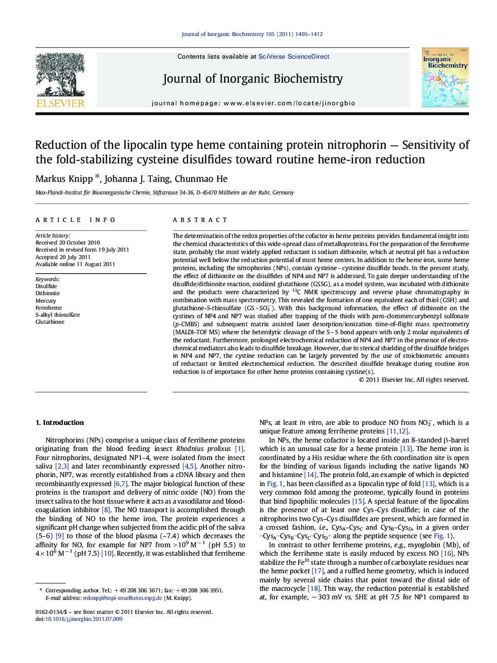 Reduction of the lipocalin type heme containing protein nitrophorin — Sensitivity of the fold-stabilizing cysteine disulfides toward routine heme-iron reduction