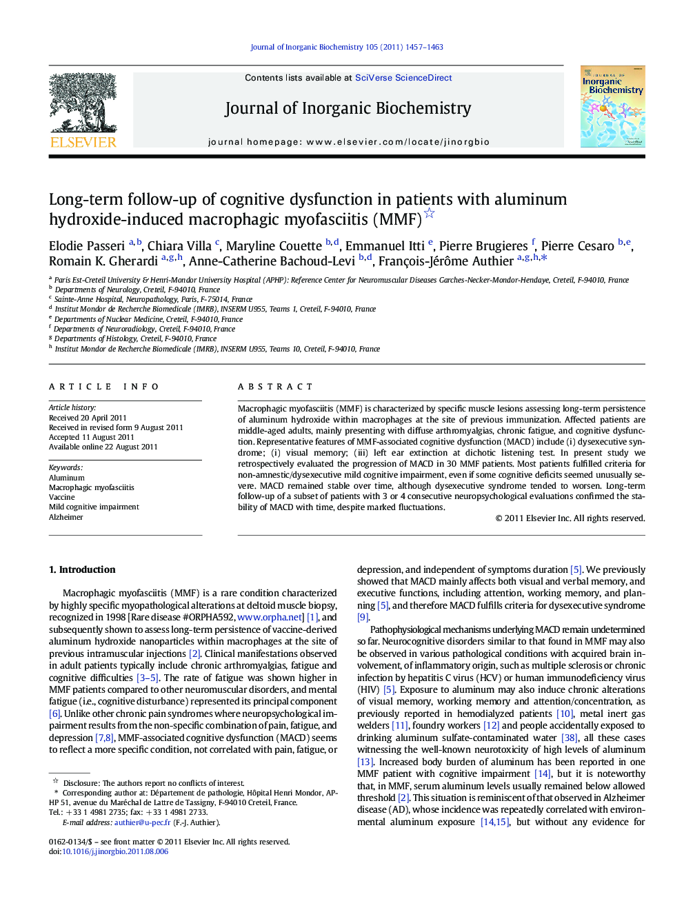 Long-term follow-up of cognitive dysfunction in patients with aluminum hydroxide-induced macrophagic myofasciitis (MMF) 