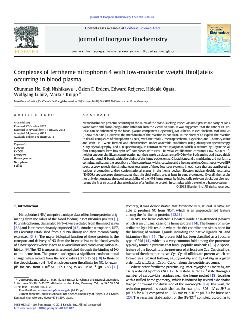 Complexes of ferriheme nitrophorin 4 with low-molecular weight thiol(ate)s occurring in blood plasma