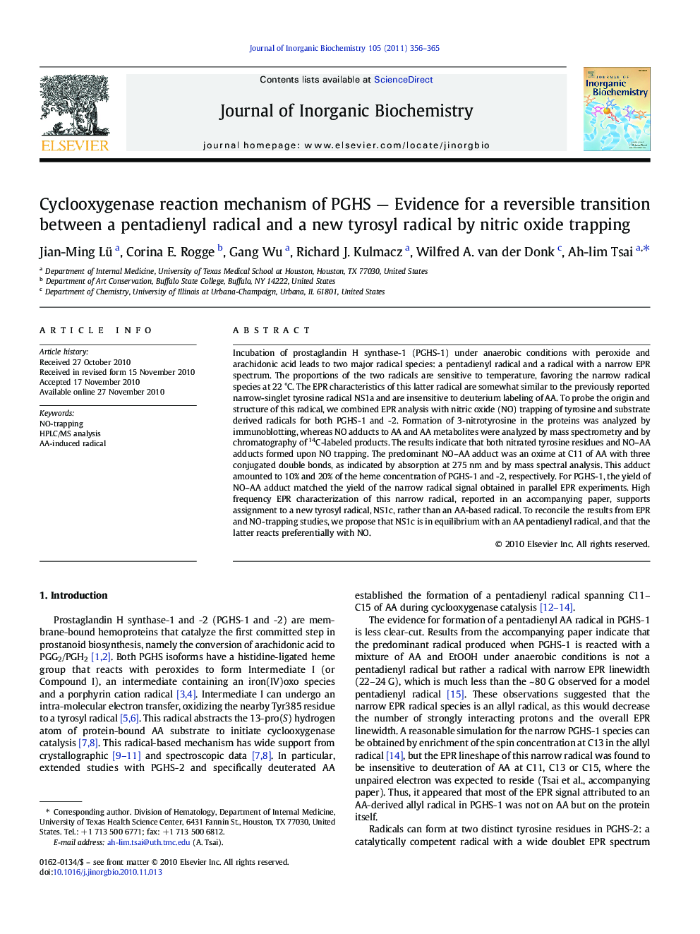 Cyclooxygenase reaction mechanism of PGHS — Evidence for a reversible transition between a pentadienyl radical and a new tyrosyl radical by nitric oxide trapping