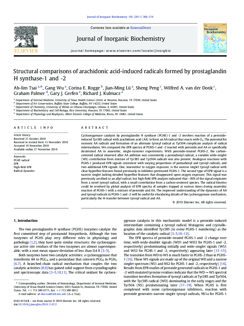 Structural comparisons of arachidonic acid-induced radicals formed by prostaglandin H synthase-1 and -2