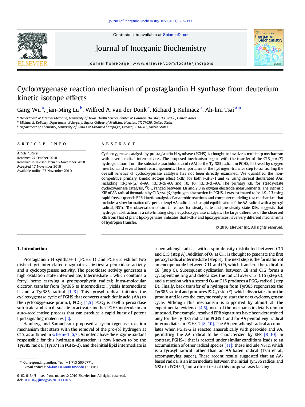 Cyclooxygenase reaction mechanism of prostaglandin H synthase from deuterium kinetic isotope effects