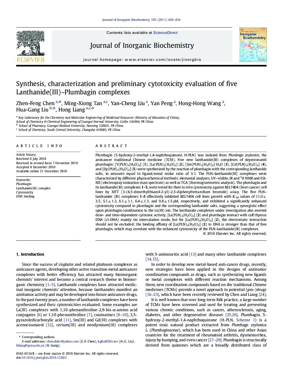 Synthesis, characterization and preliminary cytotoxicity evaluation of five Lanthanide(III)–Plumbagin complexes