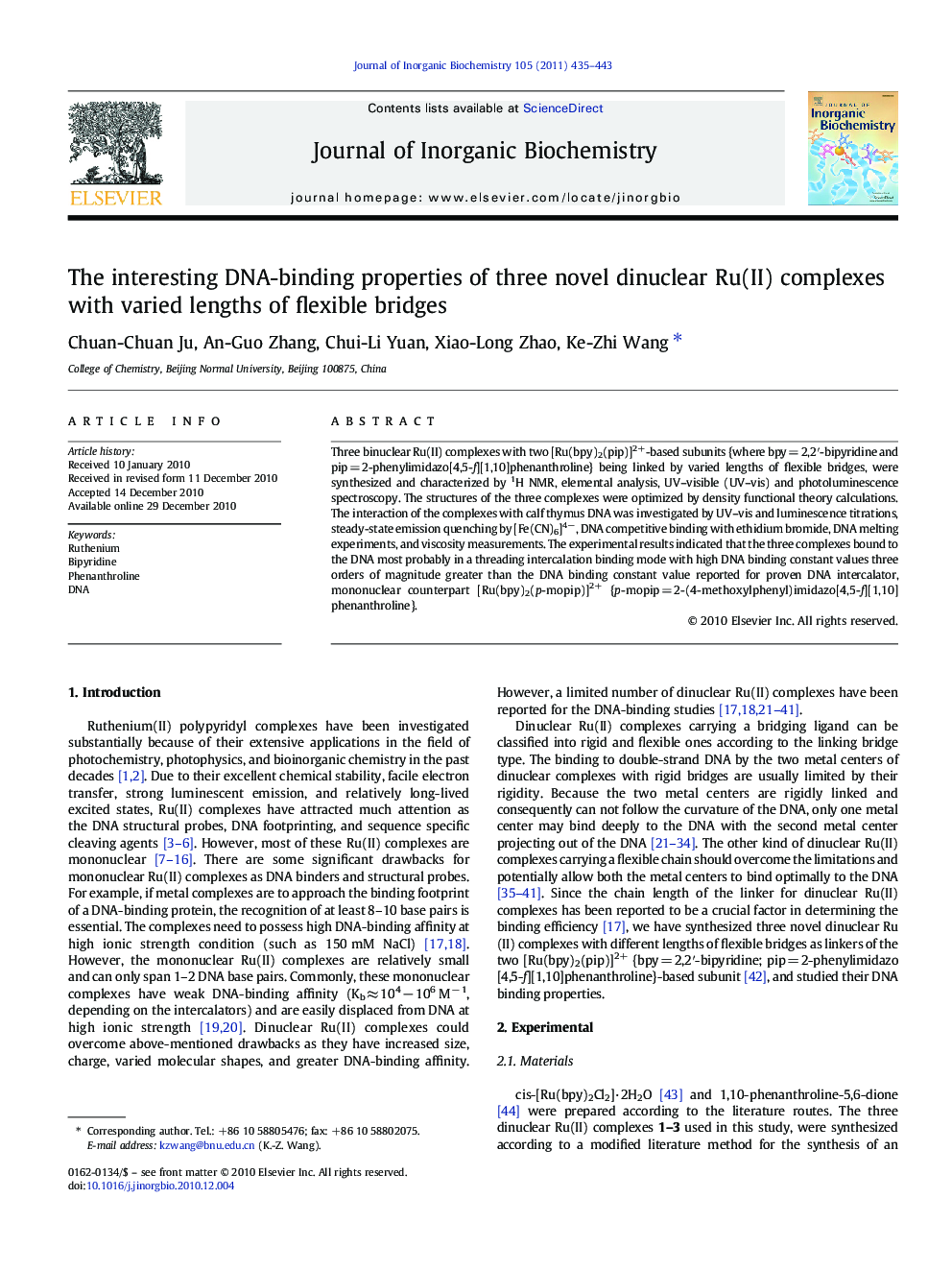 The interesting DNA-binding properties of three novel dinuclear Ru(II) complexes with varied lengths of flexible bridges