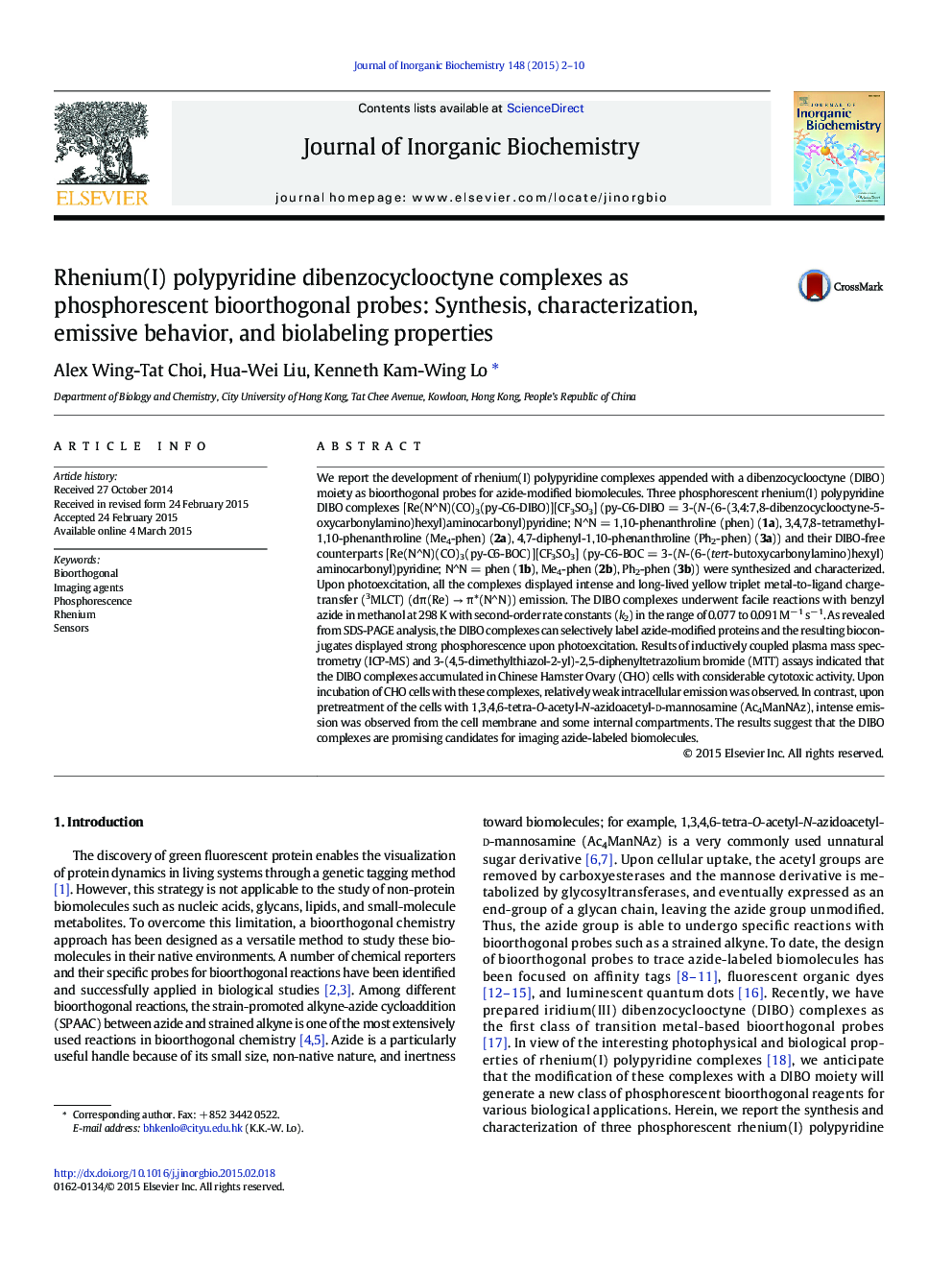 Rhenium(I) polypyridine dibenzocyclooctyne complexes as phosphorescent bioorthogonal probes: Synthesis, characterization, emissive behavior, and biolabeling properties