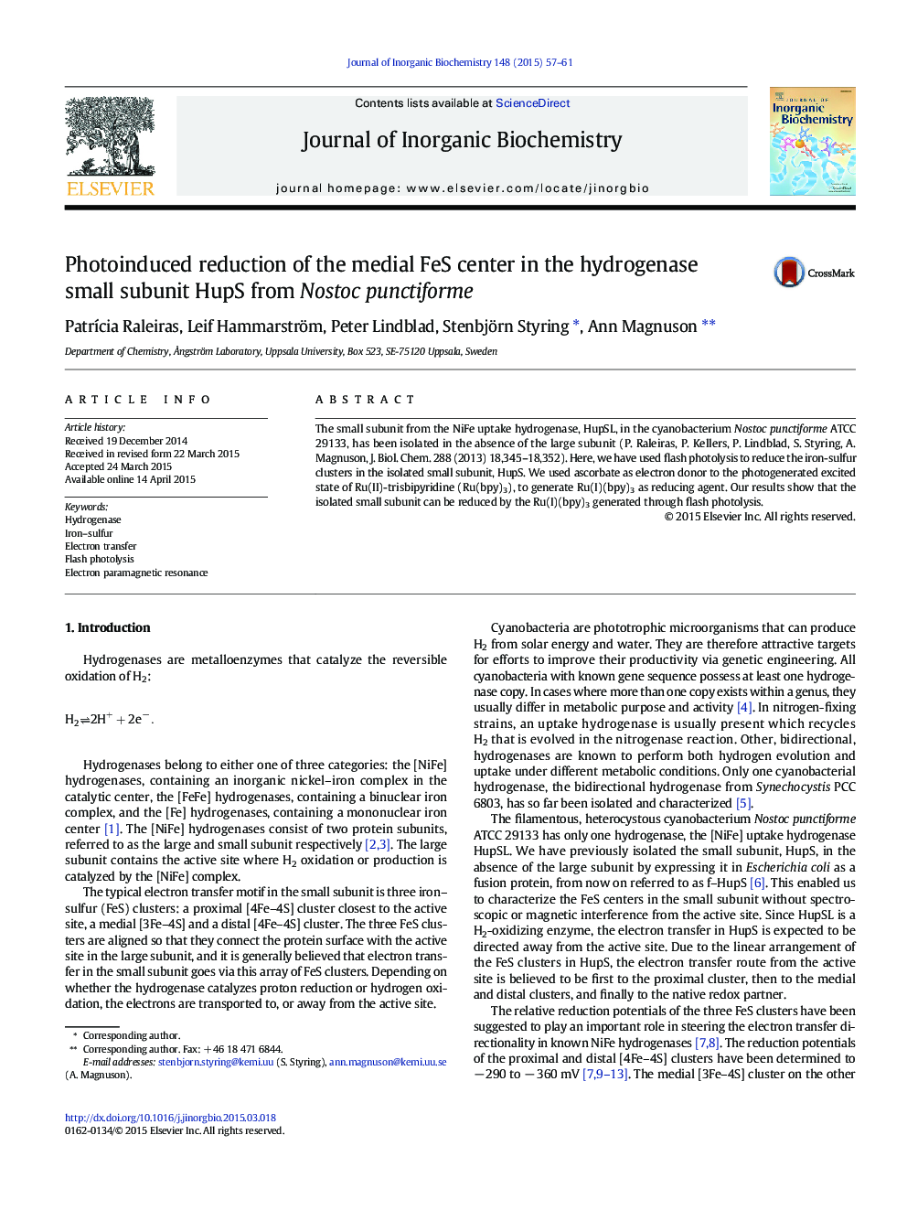 Photoinduced reduction of the medial FeS center in the hydrogenase small subunit HupS from Nostoc punctiforme