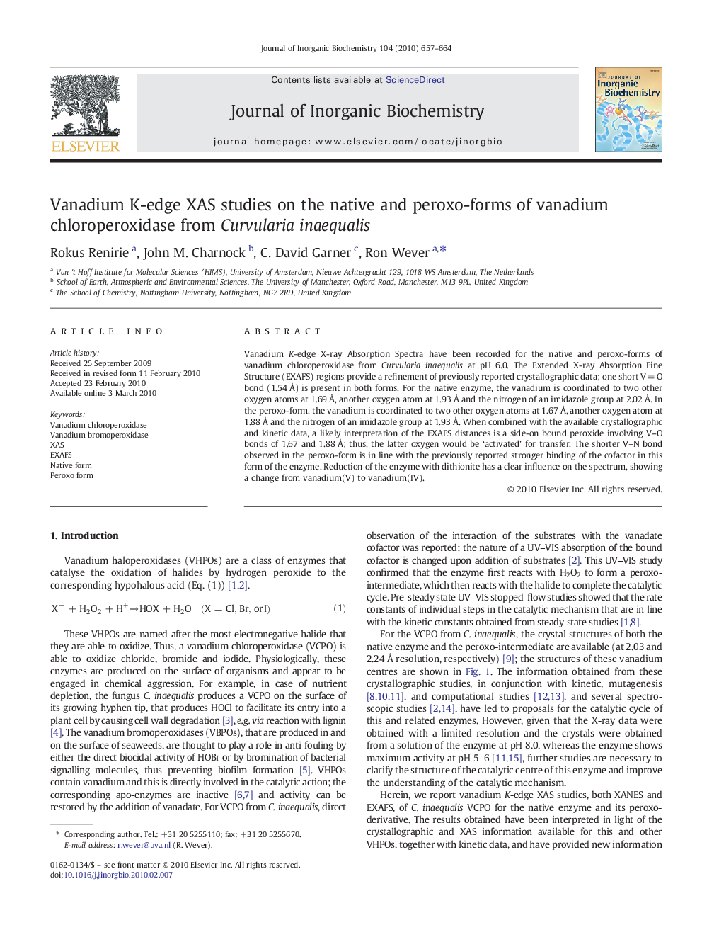 Vanadium K-edge XAS studies on the native and peroxo-forms of vanadium chloroperoxidase from Curvularia inaequalis