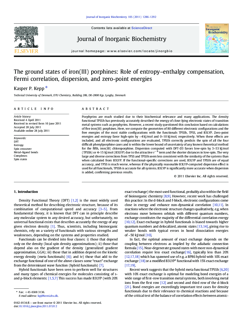 عکس صفحه اول مقاله: The ground states of iron(III) porphines: Role of entropy–enthalpy compensation, Fermi correlation, dispersion, and zero-point energies The ground states of iron(III) porphines: Role of entropy–enthalpy compensation, Fermi correlation, dispersion, and zero-point energies