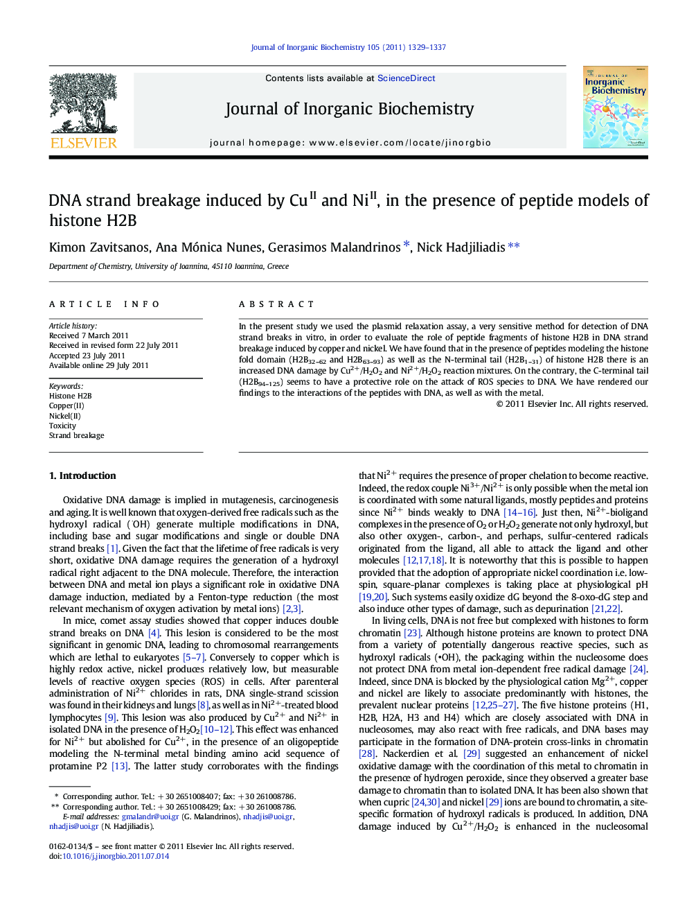 DNA strand breakage induced by CuII and NiII, in the presence of peptide models of histone H2B