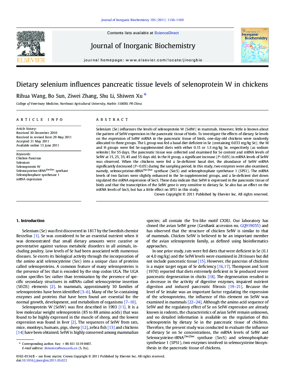 Dietary selenium influences pancreatic tissue levels of selenoprotein W in chickens