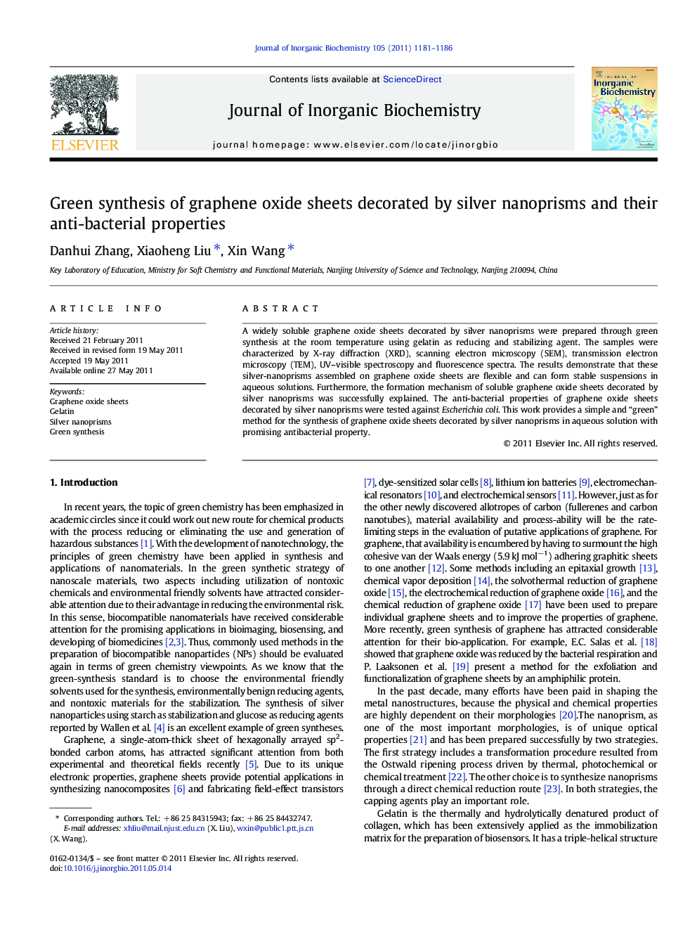 Green synthesis of graphene oxide sheets decorated by silver nanoprisms and their anti-bacterial properties