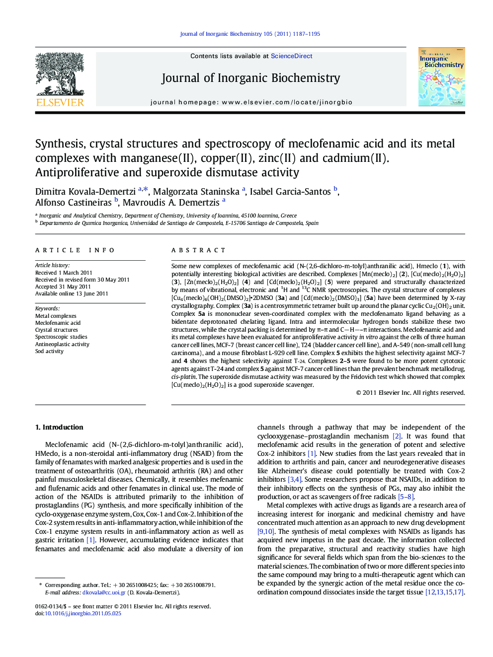 Synthesis, crystal structures and spectroscopy of meclofenamic acid and its metal complexes with manganese(II), copper(II), zinc(II) and cadmium(II). Antiproliferative and superoxide dismutase activity