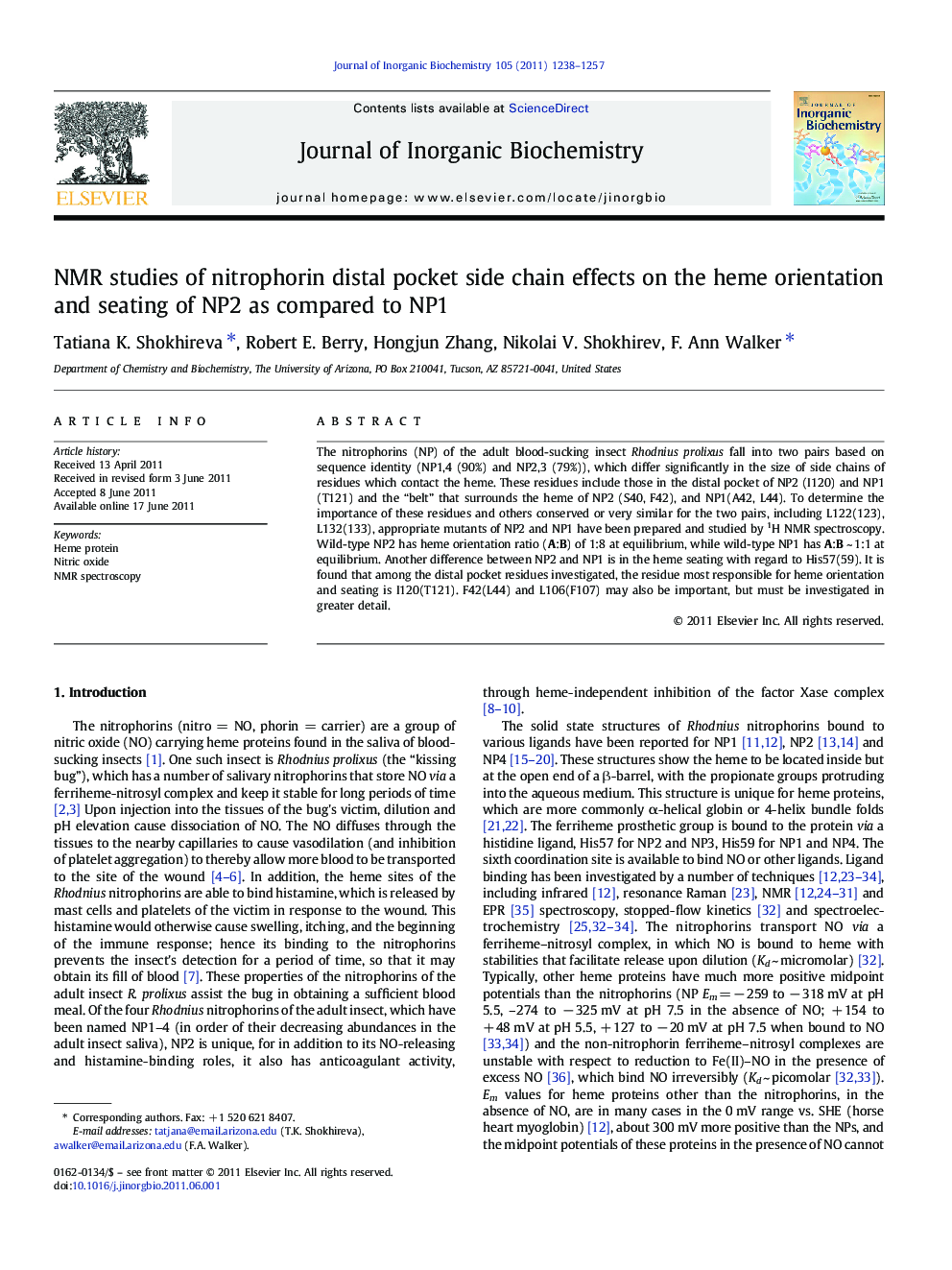 NMR studies of nitrophorin distal pocket side chain effects on the heme orientation and seating of NP2 as compared to NP1