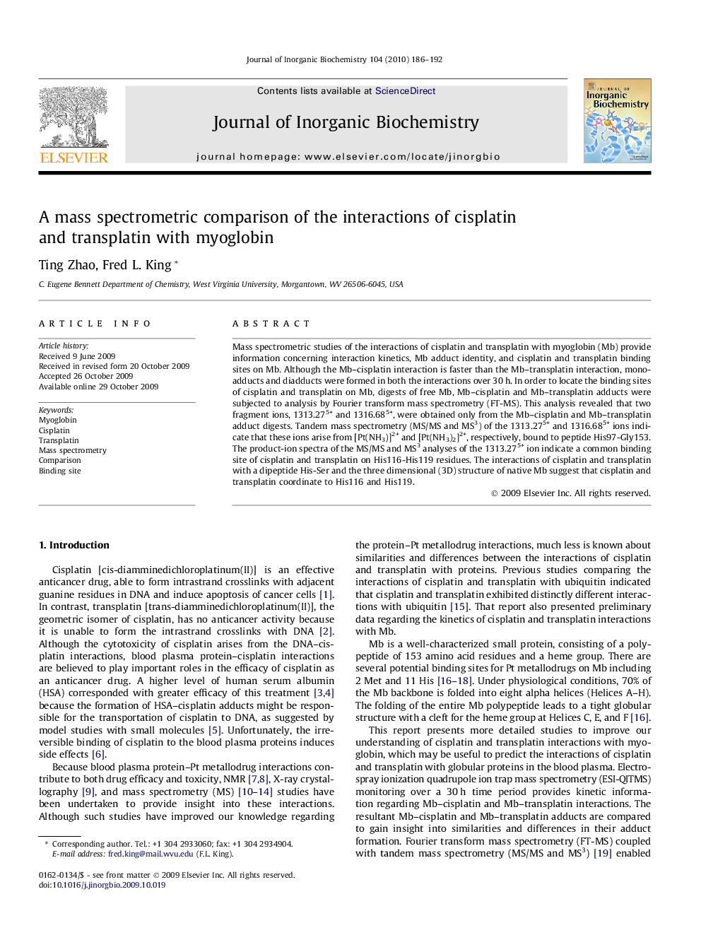 A mass spectrometric comparison of the interactions of cisplatin and transplatin with myoglobin