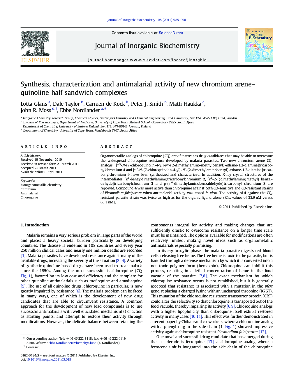 Synthesis, characterization and antimalarial activity of new chromium arene–quinoline half sandwich complexes