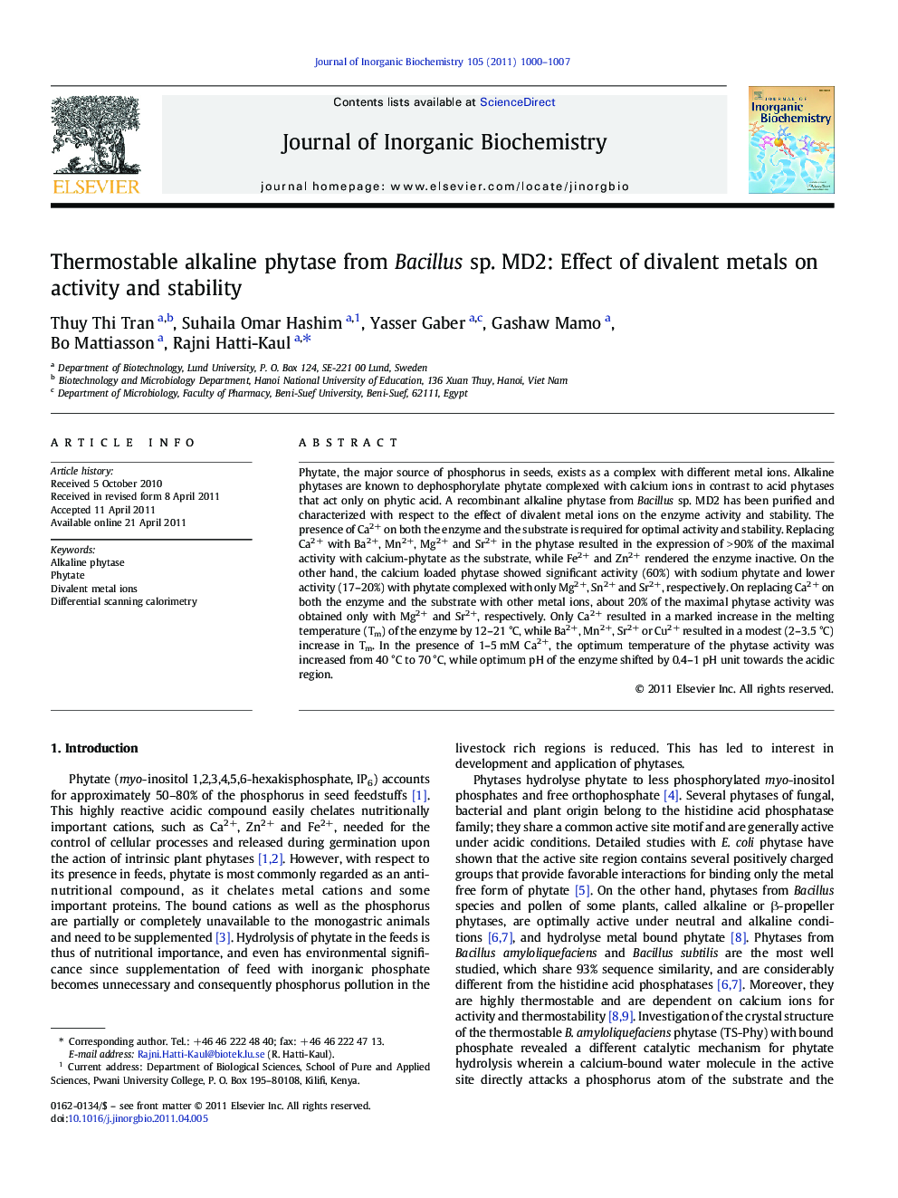 Thermostable alkaline phytase from Bacillus sp. MD2: Effect of divalent metals on activity and stability