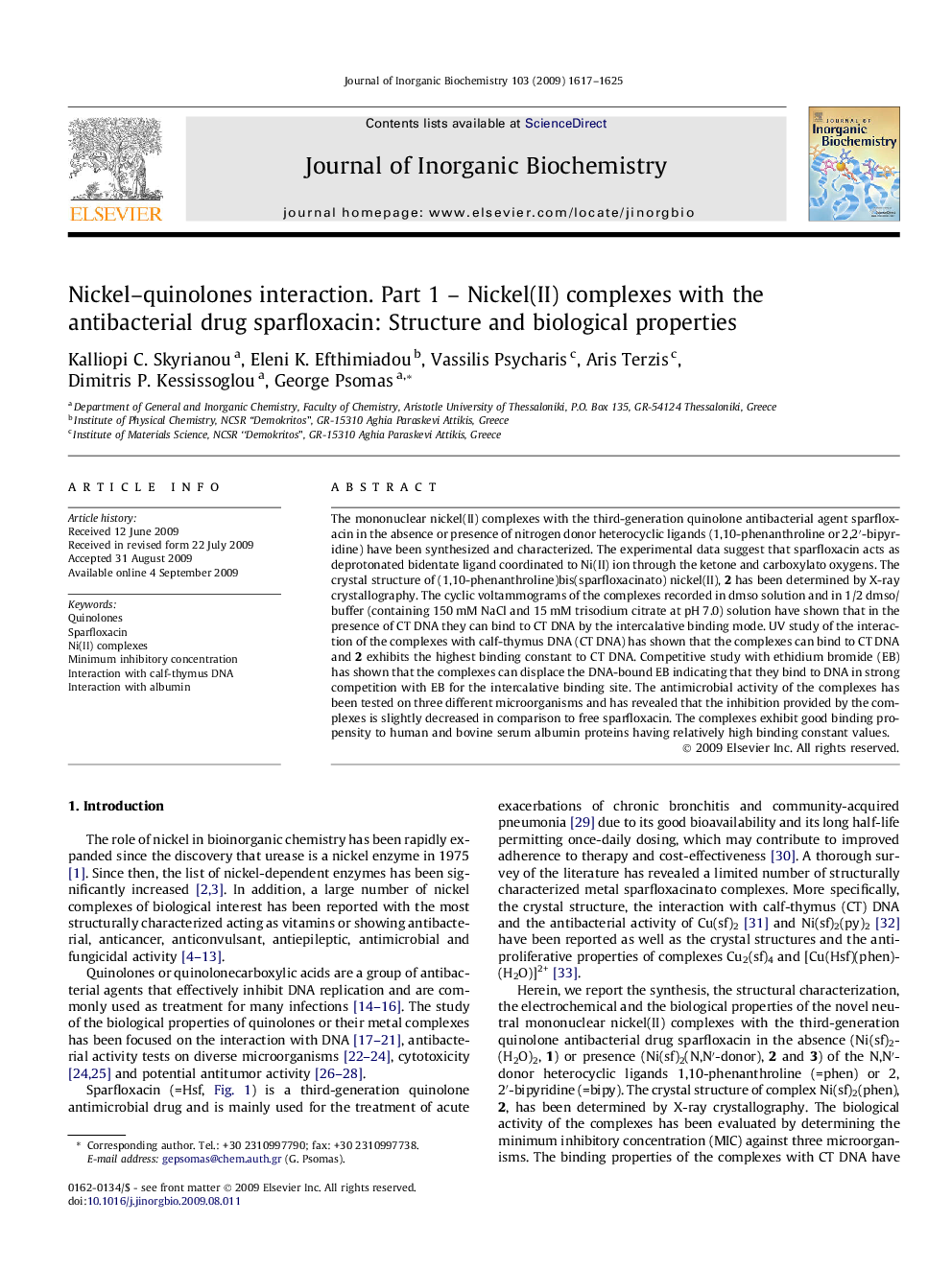 Nickel–quinolones interaction. Part 1 – Nickel(II) complexes with the antibacterial drug sparfloxacin: Structure and biological properties