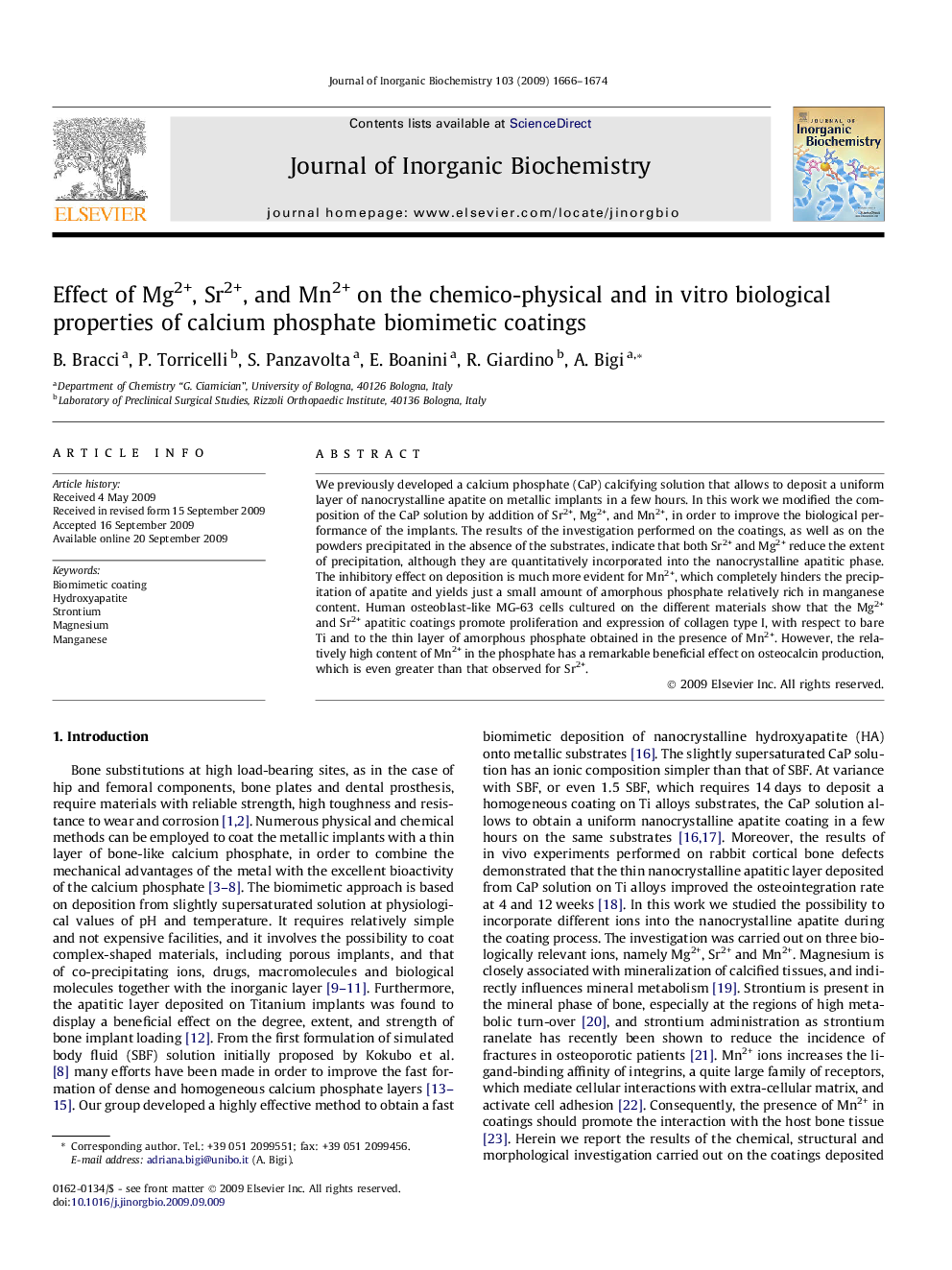 Effect of Mg2+, Sr2+, and Mn2+ on the chemico-physical and in vitro biological properties of calcium phosphate biomimetic coatings