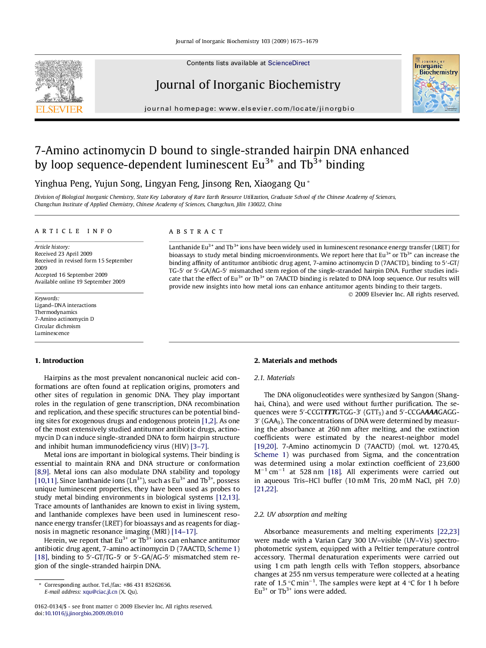 7-Amino actinomycin D bound to single-stranded hairpin DNA enhanced by loop sequence-dependent luminescent Eu3+ and Tb3+ binding