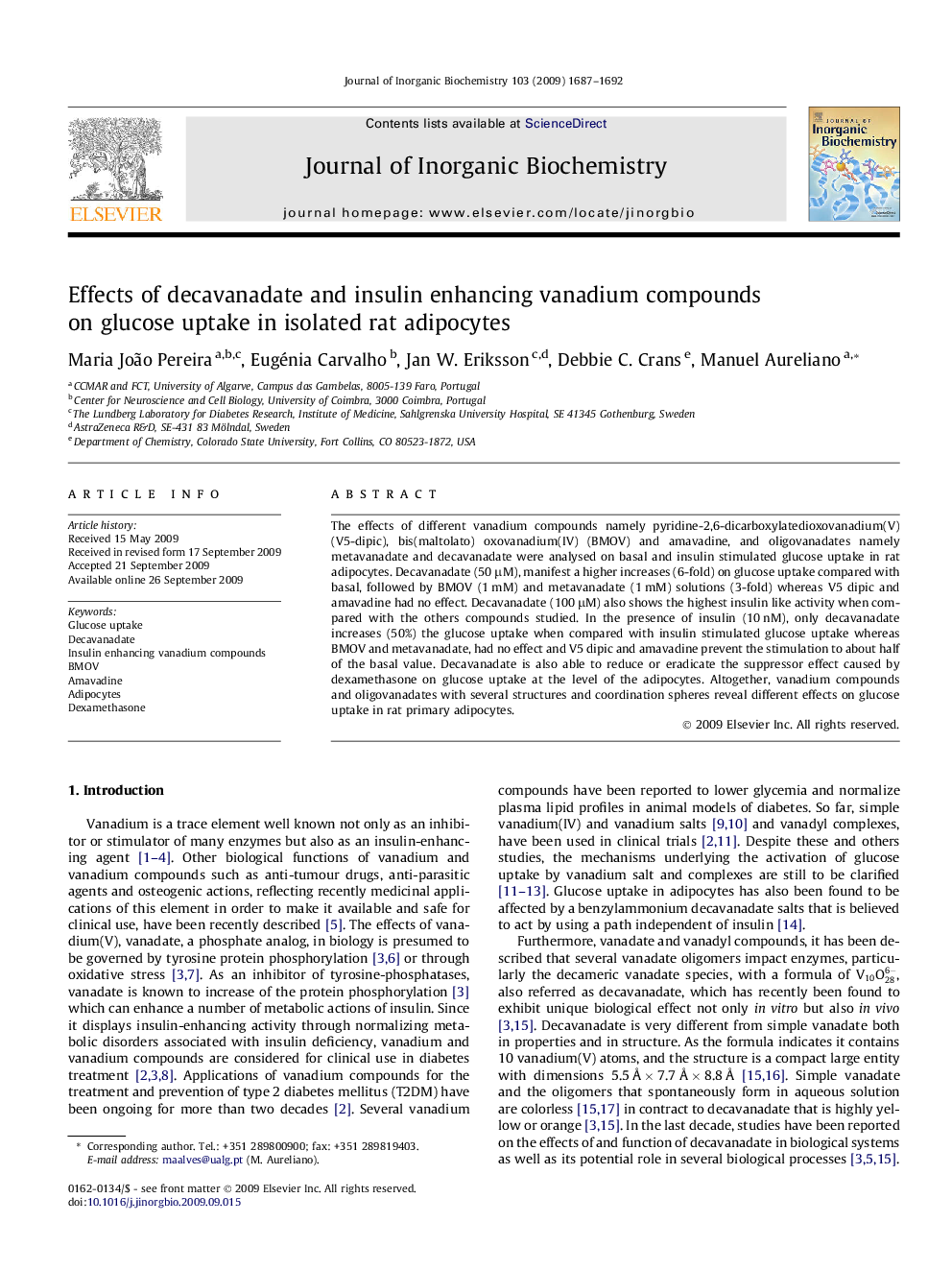 Effects of decavanadate and insulin enhancing vanadium compounds on glucose uptake in isolated rat adipocytes